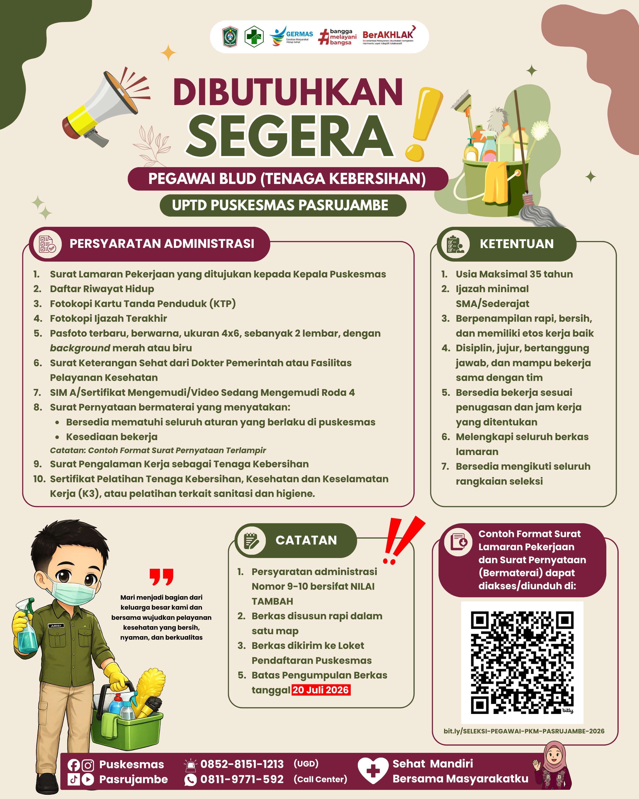 Segera Daftar! Lowongan Pekerjaan Tenaga Kebersihan BLUD di UPTD Puskesmas Pasrujambe Tahun 2026