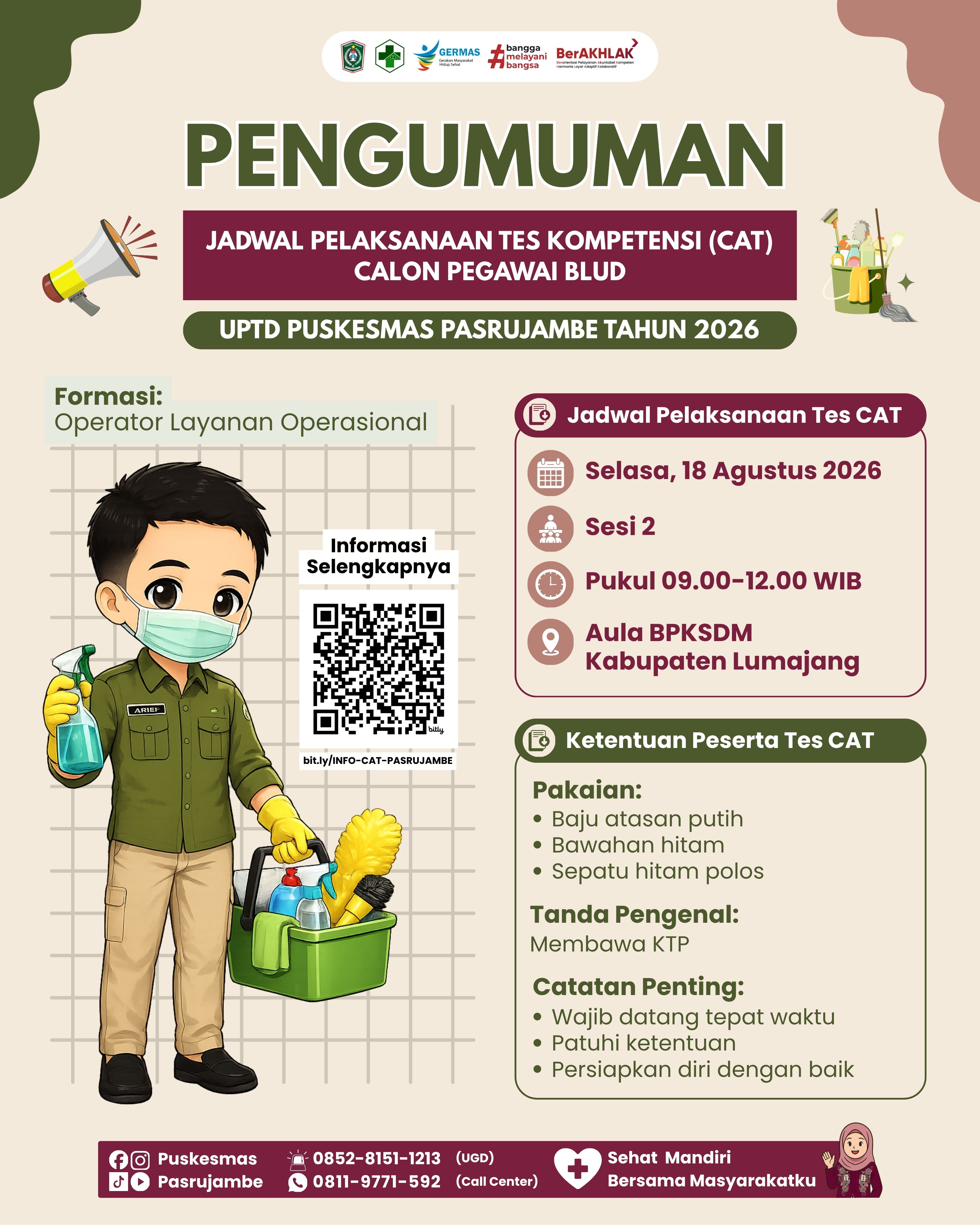 Pengumuman Pelaksanaan Seleksi CAT Calon Pegawai BLUD UPTD Puskesmas Pasrujambe Tahun 2026